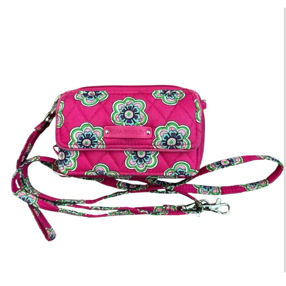 Vera Bradley Pink Swirls Flowers Quilted Compact Crossbody Wristlet/Wallet/Purse